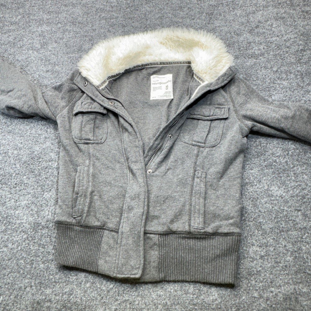 Aeropostale Bomber Jacket Womens Medium Gray Faux Fur Trim Full Zip Fleece Top